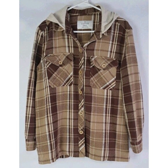 Empyre Mens Medium Plaid Hooded Button Up Jacket Shacket Brown White - Picture 1 of 6